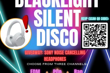 The South Quad Commmunity & RHA  presents December 2, 2023 7-9 PM Raymond Great Hall Near elbert covell Wear WHITE/NEON to GLOW Blacklight Silent Disco Choose from three Channels: EDM Pop Rap GIVEAWAY: SONY NOISE CANCELLING HEADPHONES RSVP (SCAN QR CODE):
